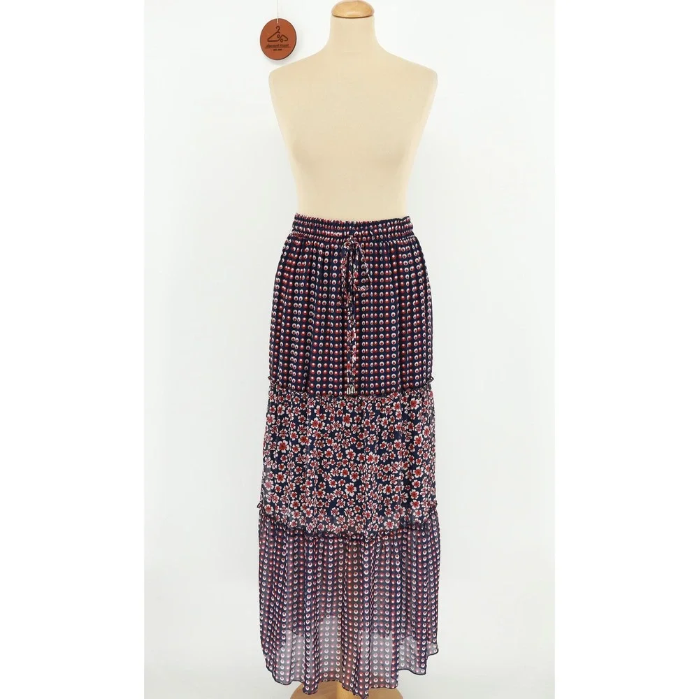 Caprise Tiered Maxi Skirt Floral Geometric Elastic Drawstring Waist Size‎ Medium